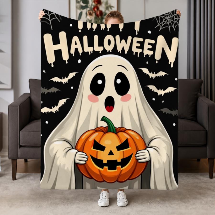 Cozy Halloween Flannel Throw Blanket - Soft And Warm with Playful Ghost And Jack-O-Lantern Print, Ideal for Couch, Bed, Office & Travel, Perfect Festi