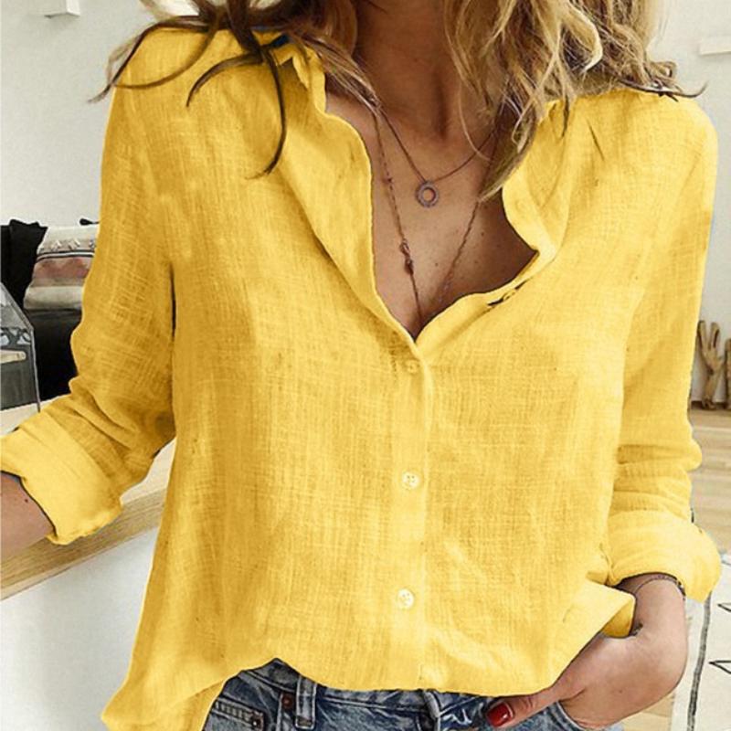 Cotton Short Sleeve Blouses Solid Color Turn Down Collar Button Up Summer Women Shirt White Tops