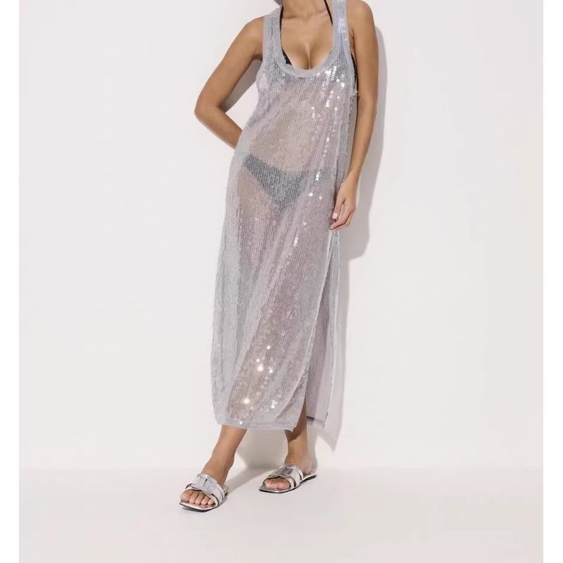 

Foreign Trade Order Cross-Border Gray Sequins High-Grade Sexy Perspective Shiny Birthday Party Outdoor Split Long dress Light gray M/L