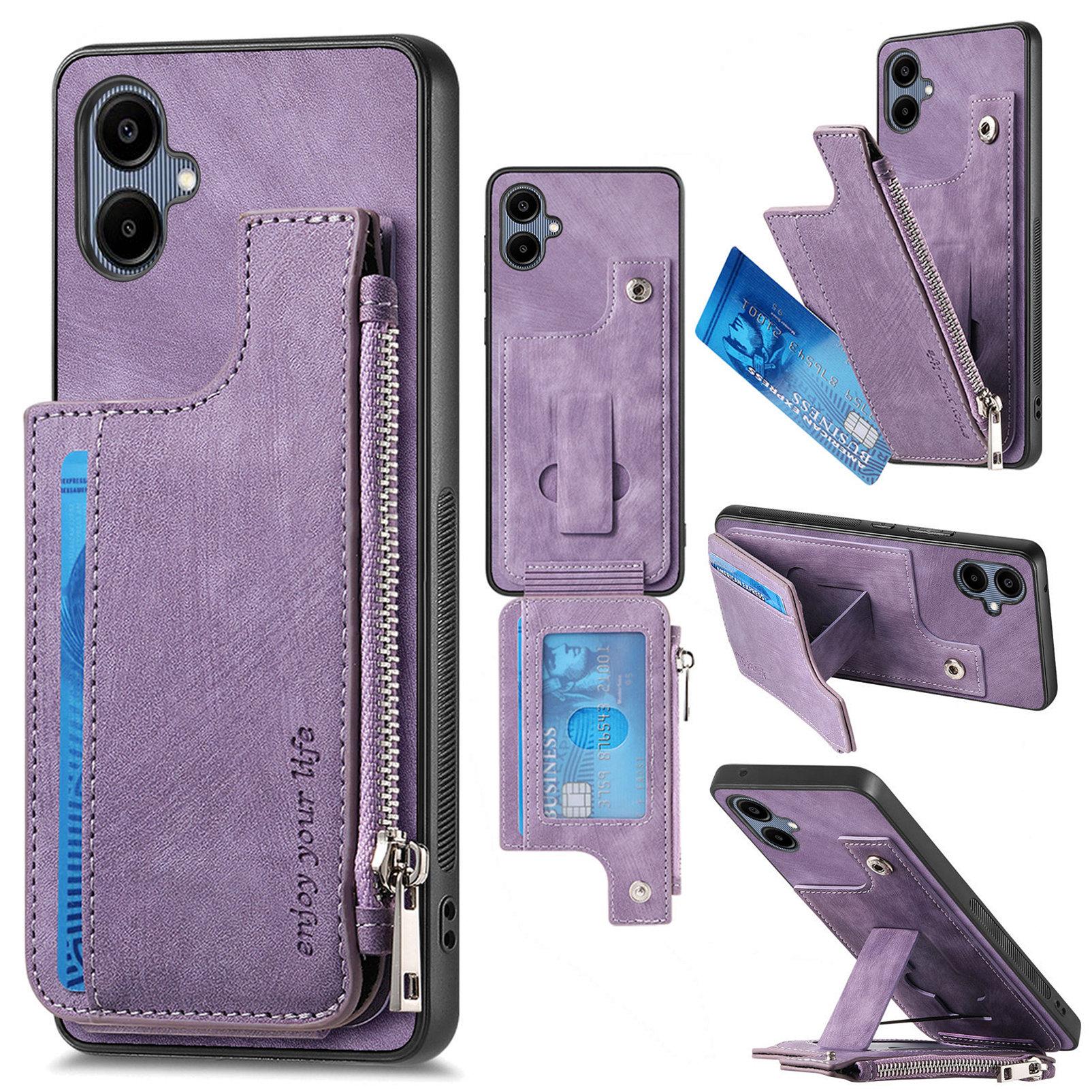 

For Samsung Galaxy A06 5G/Galaxy A06 4G Case Zipper Card Holder Kickstand Leather+PC+TPU Phone Cover Purple
