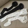 Womens Japanese Sheer Flower Lace Fishnet Thigh High Stockings Sweet Layered Ruffle Trim Frilly Over Knee Long Socks