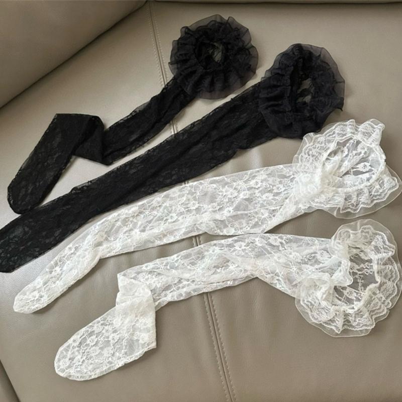 Womens Japanese Sheer Flower Lace Fishnet Thigh High Stockings Sweet Layered Ruffle Trim Frilly Over Knee Long Socks