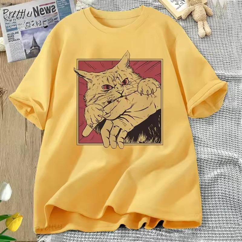 Vintage Cat Bite Cotton T Shirt Japanese Horror Retro Graphic Tee Horror Cats Crazy T Shirts Men Women Fashion Short Sleeve Tees