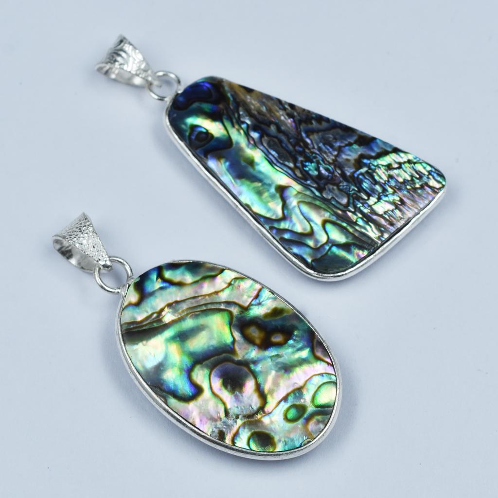 Oval-Pear Abalone Shell Gemstone 96.60 Ct Pair 925 Silver Pendant Healing Stone AR-1704-S