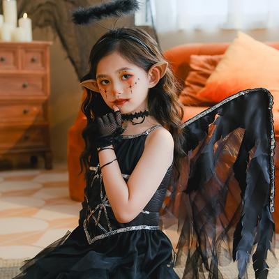 Halloween Costume Girl Spell Demon Angel Wings Dress Dark Elf Dress Black Kids Dress