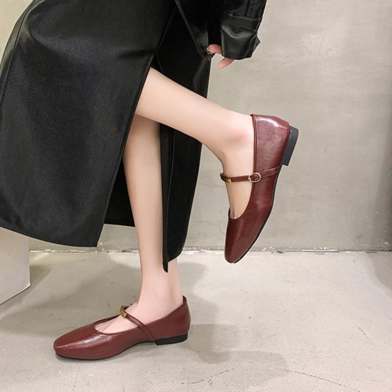 Fashion Mary Jane Shoes Female High Quality Leather Buckle Ballet Shoes for Women Square Toe Flat Cowhide Ladies Single Shoes 2025
