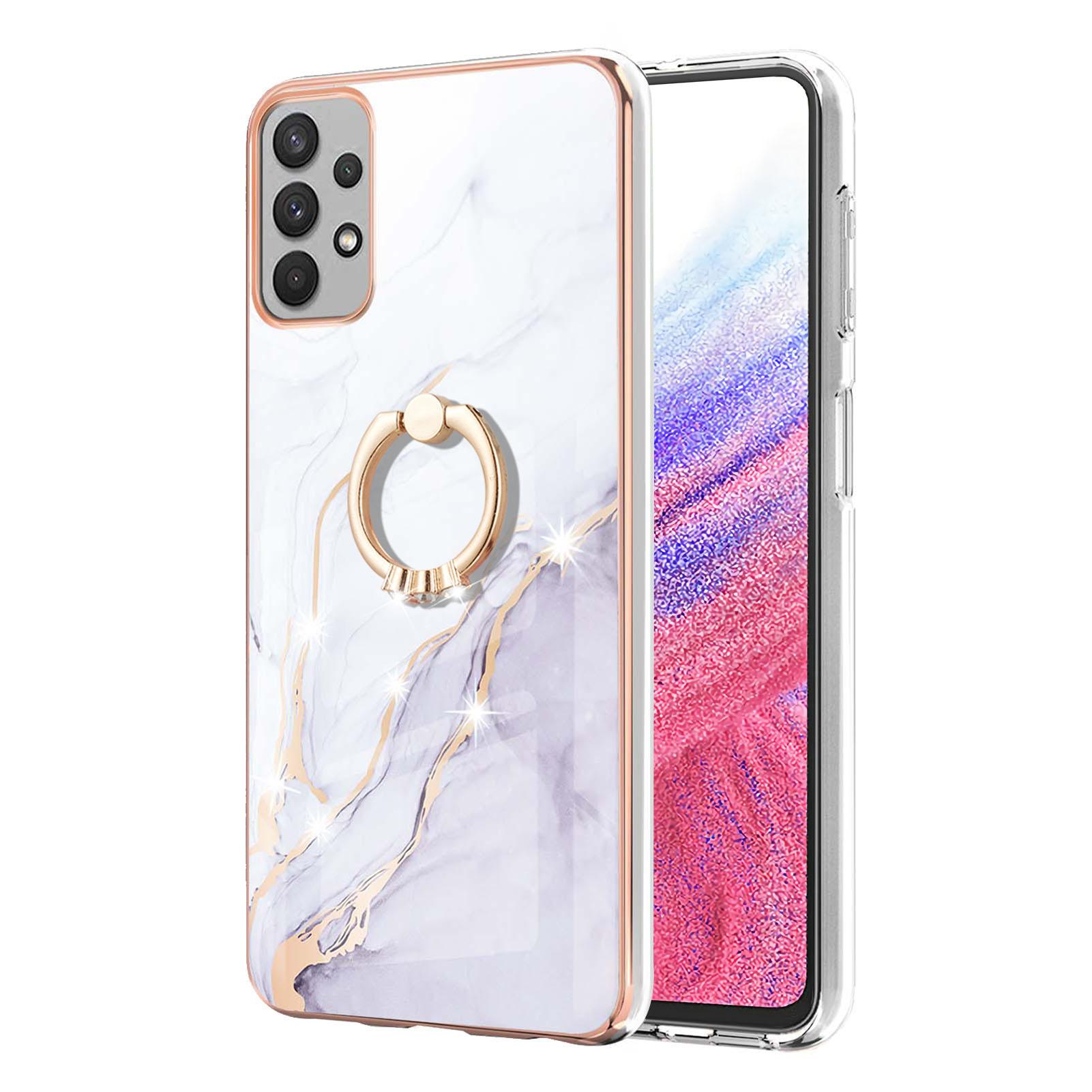 

For Samsung Galaxy A53 5G Case with Ring Kickstand Marble Pattern Electroplating TPU Back Cover White 006