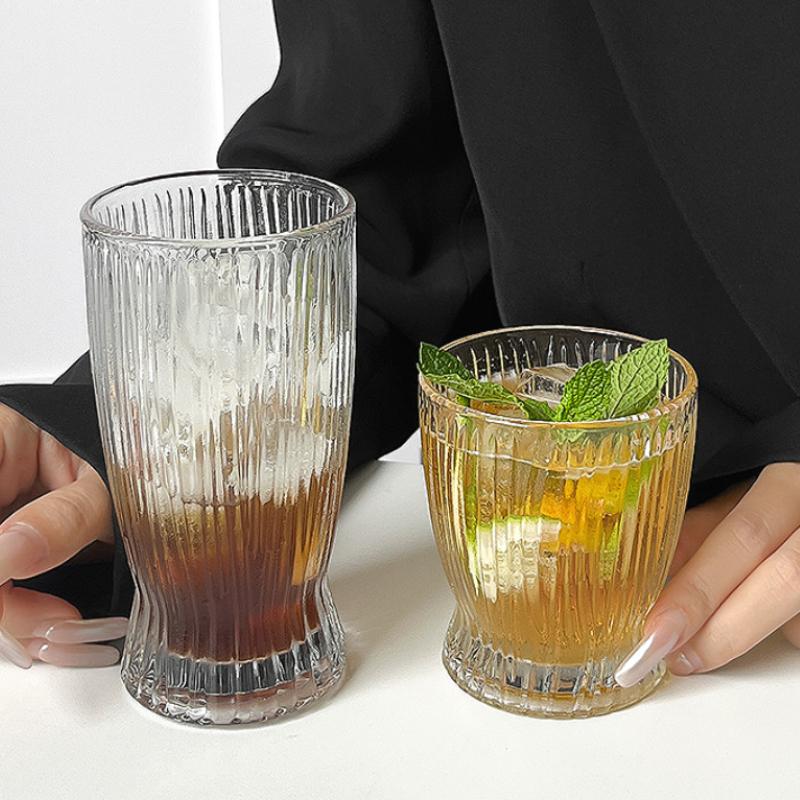 9.7oz/12.8oz Korean Style Striped Glass Cup Personalized Cocktail Mojito Cups Small Waist Shaped Wine Glass Juice Beverage Mugs