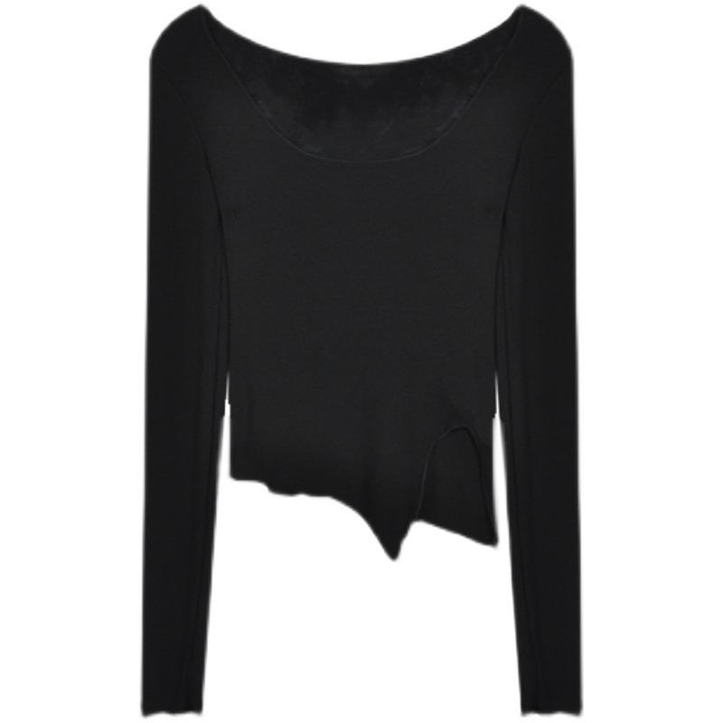 Women's Gray Long-Sleeve Tight Fit Short T-Shirt, Autumn 2025 Fashion.