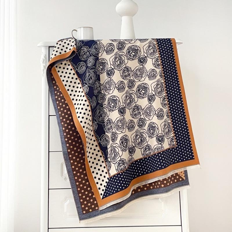 Retro new winter polka dot camellia fashion versatile thickened scarf women's new fashion shawl to keep out the cold and wind