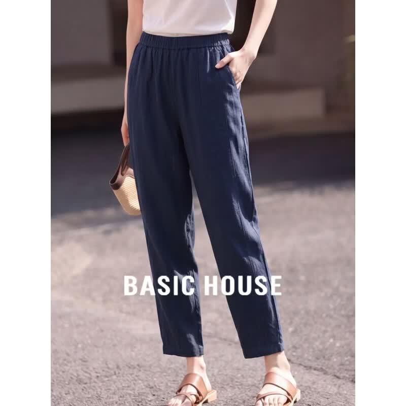 Basic House Women s 100% Linen Wide-Leg Crop Pants L