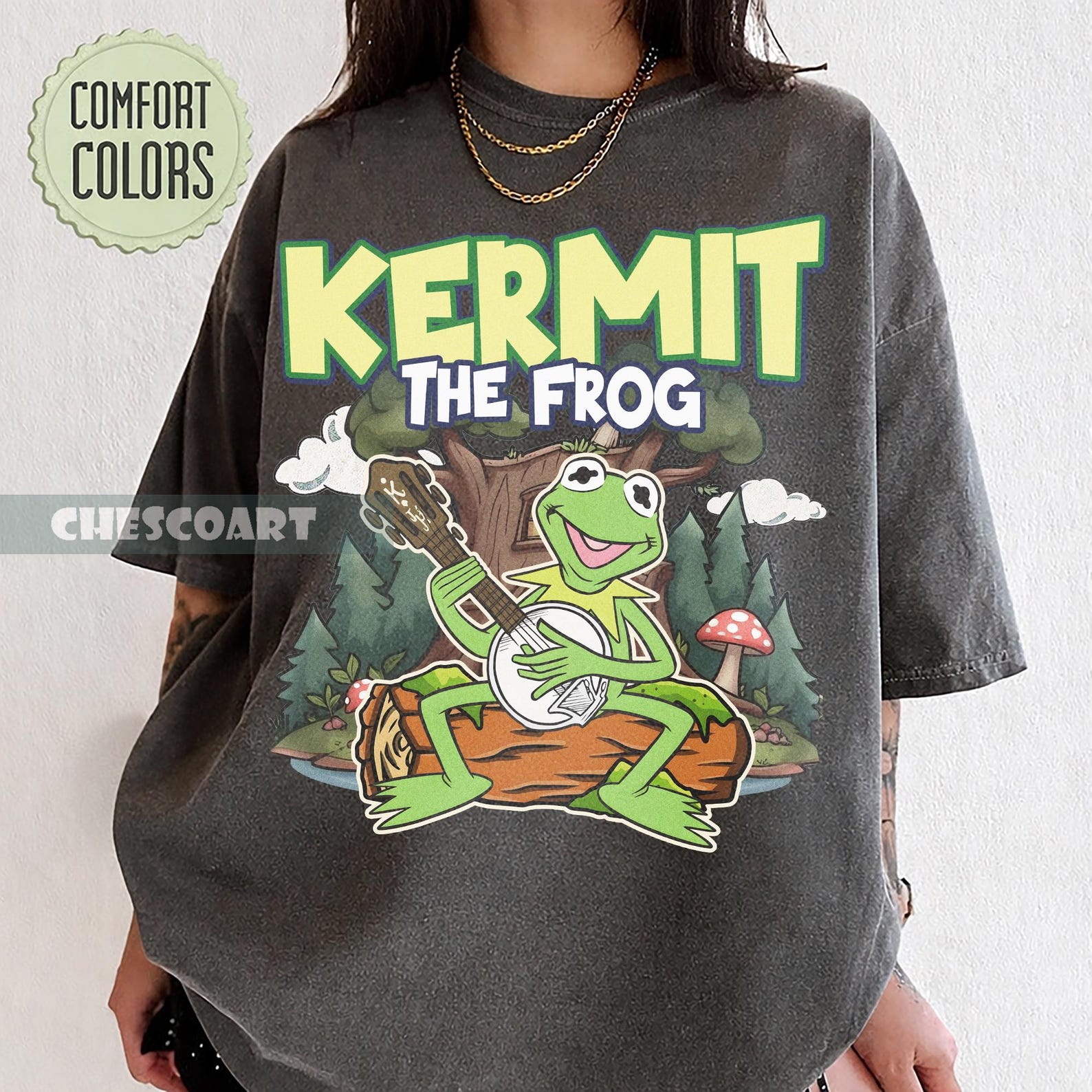 Kermit The Frog Banjo Shirt, Muppet Music Lover Tee, Retro Cartoon Comfort Colors M