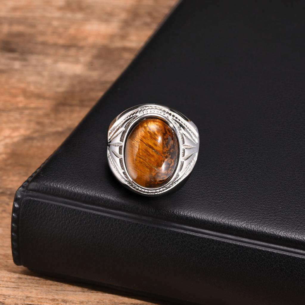 Brown Oval Rings for Men Boys,Natural Tiger Eye Stone Stainless Steel Ring,Punk Jewelry Gifts To Father Dad Husband Boyfriend