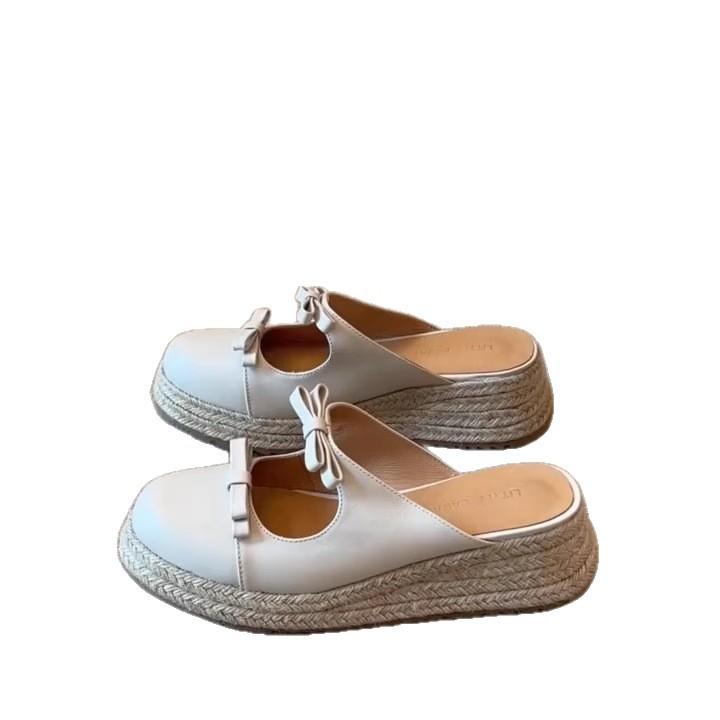 Sheepskin Version~ Retro Thick-bottomed Muffin Bag Head Bow Cool Slippers 2025 Summer New Wear Half Slippers Women