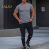 Men V-Neck Short Sleeve T-Shirt Fitness Slim Fit Sports Stripes Solid Color Tee Tops Breathable Gym Clothing for Sports Travel Office