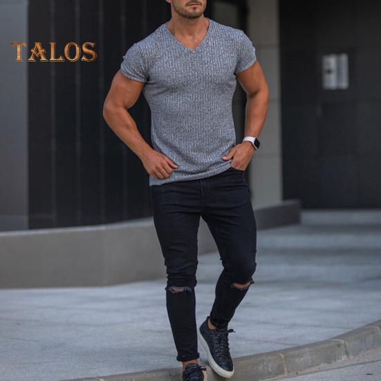 Tricou cu mânecă scurtă pentru bărbați, cu decolteu în V, pentru fitness, cu dungi sportive, de culoare uni, Tricou, îmbrăcăminte de gimnastică respirabilă, pentru sport, călătorii, birou