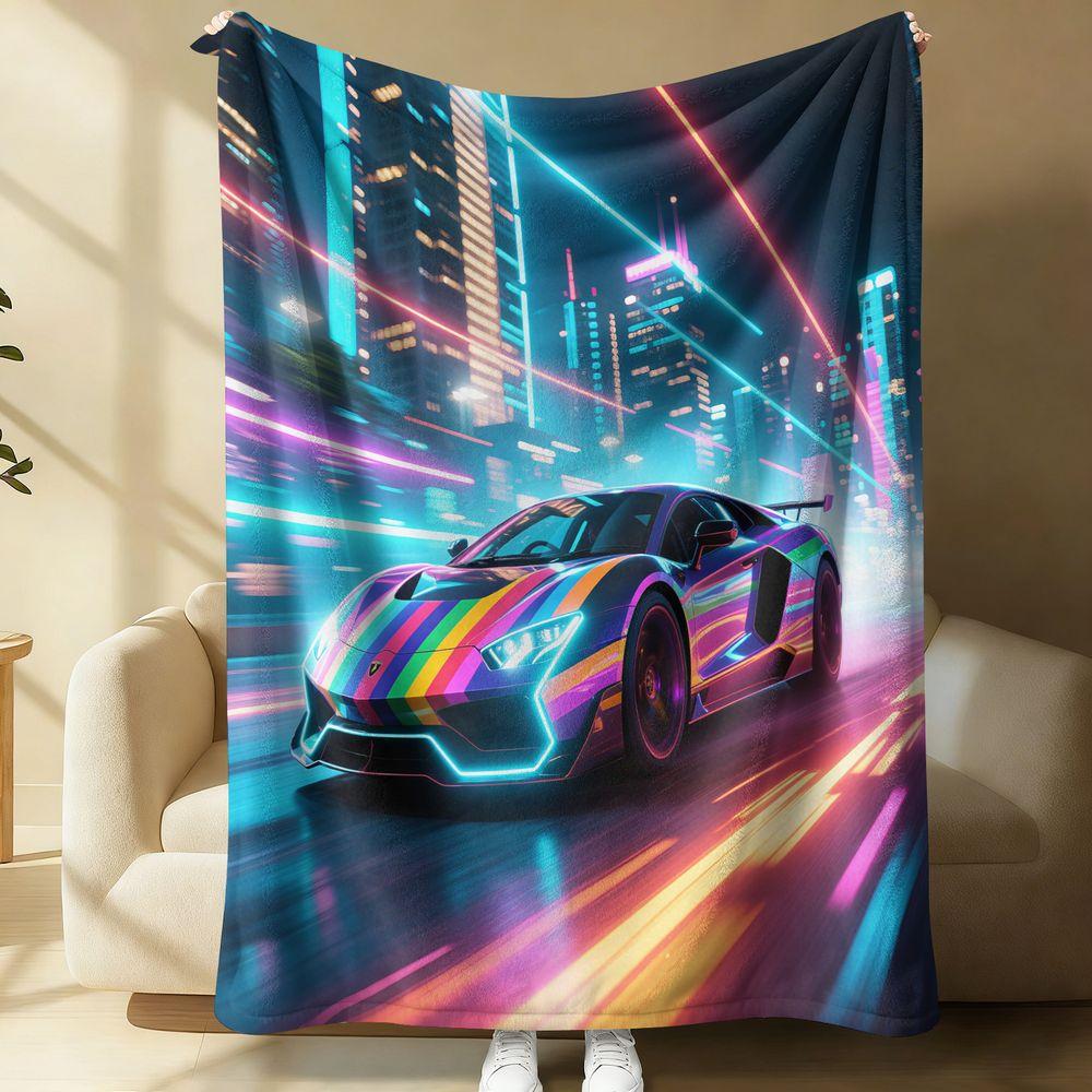 Cyberpunk Sports Car Flannel Blanket Futuristic Neon City Art Throw Soft Plush Fleece Bed Blanket Warm Gift Blanket Home Decor 75X95CM