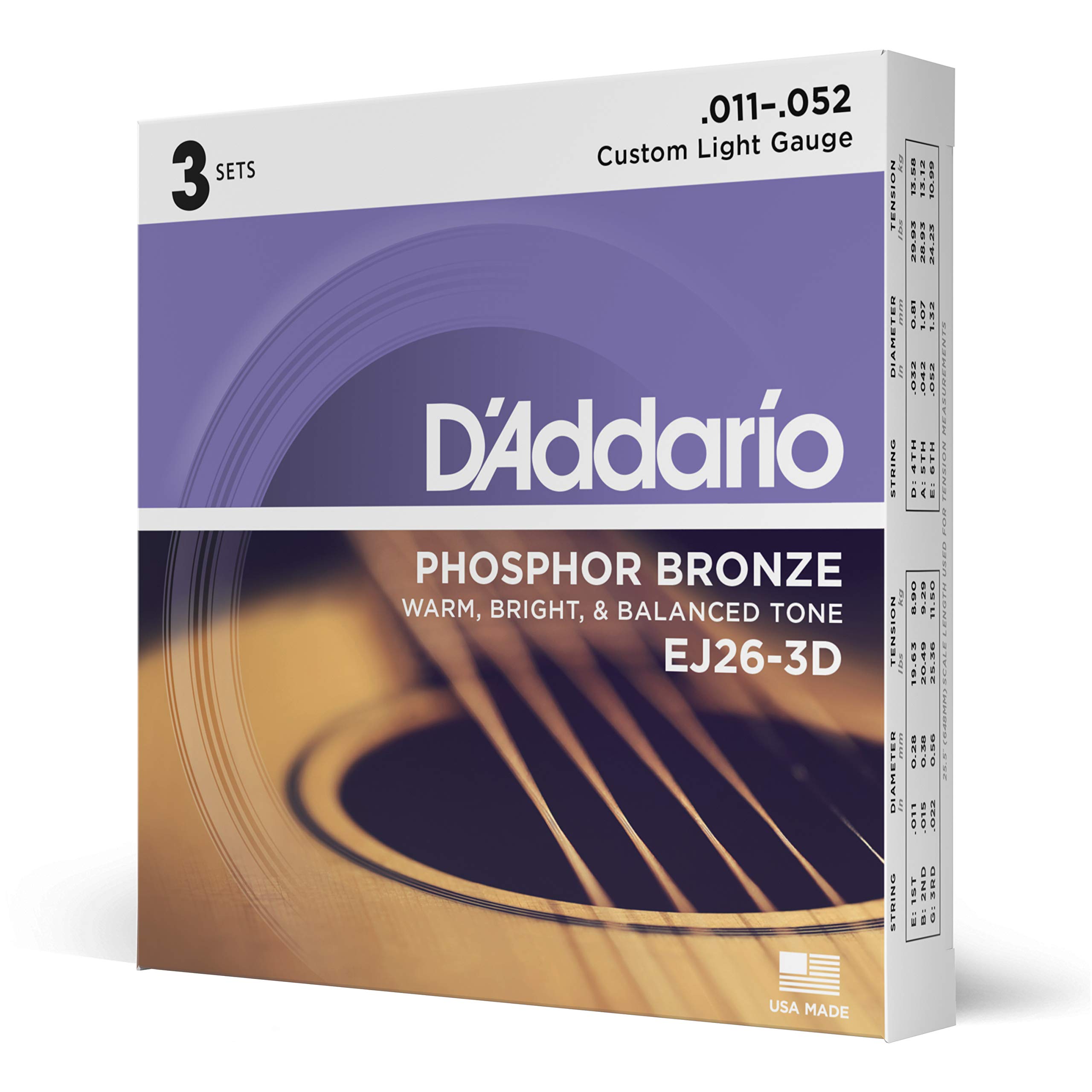 

D Addario Phosphor Bronze Custom Light Acoustic Guitar Strings, .011-.052, EJ26-3D, 3-Pack