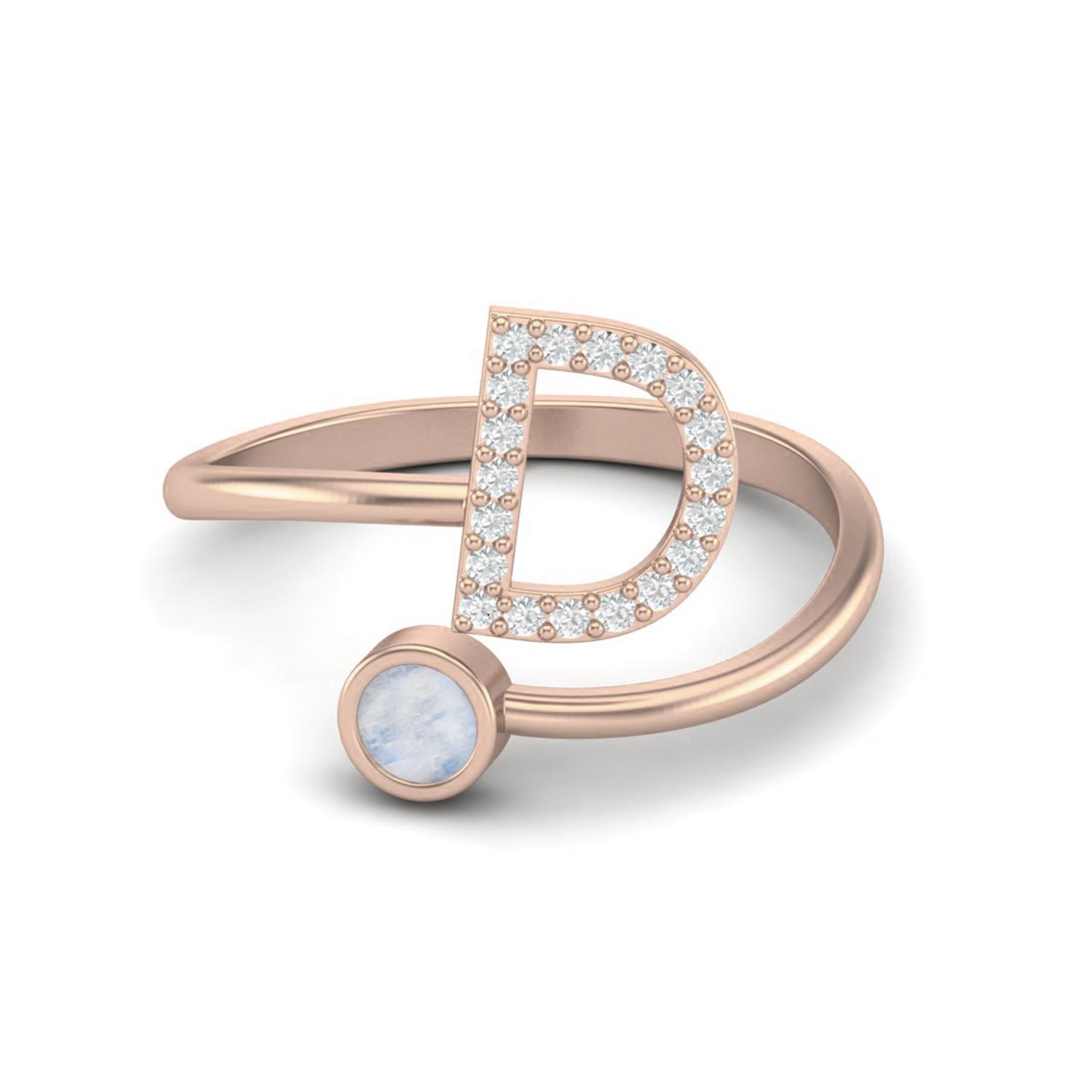 

Capital D Initial Letter Moonstone Women Adjustable Front Open Ring 925 Sterling Silver Rose Vermeil 5 жёлтый