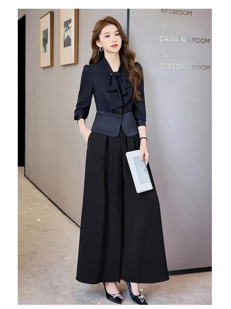 2025 Frühling & Herbst High-End Mode Zweiteiler: Schnürhemd mit langen Ärmeln & Weitbeinige Hose Set