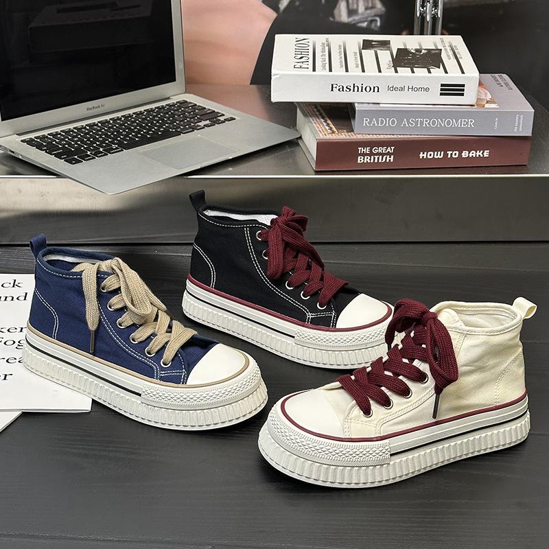 Autumn New Thick-soled Medium-top Canvas Shoes, Simple Board Shoes, Comfortable and Durable High-top Shoes