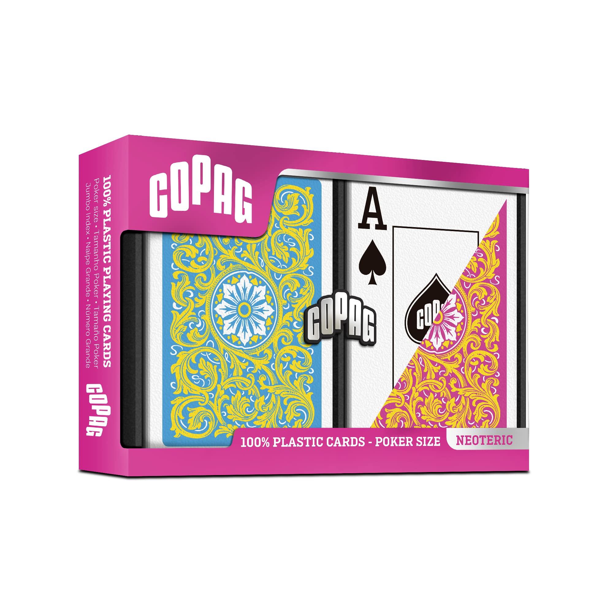 

Copag 1546 Neoteric Design Plastic Poker Size Playing Double Deck Set 100% Cards, Yellow/Pink/Blue, (Regular Index)
