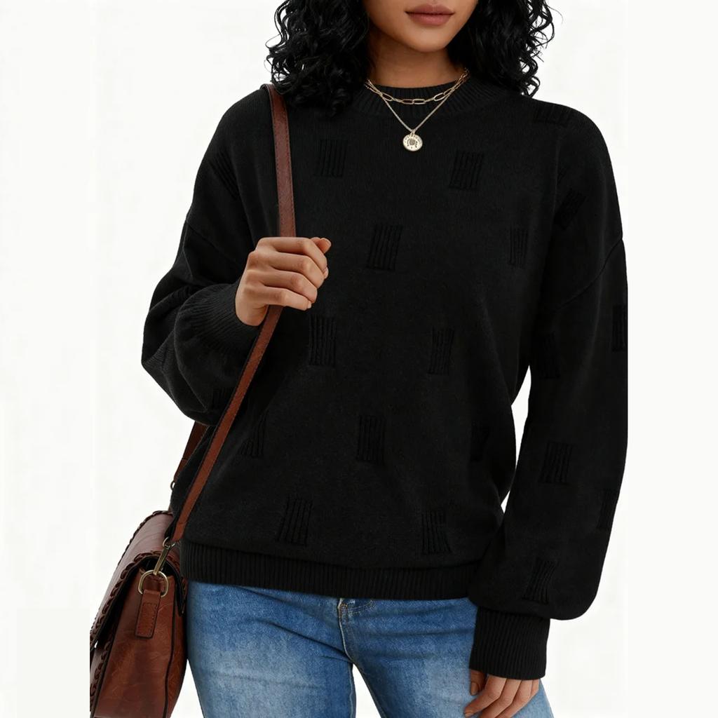 Damenmode Locker sitzendes Rundhals-Langarm-Oberteil in Unifarbe