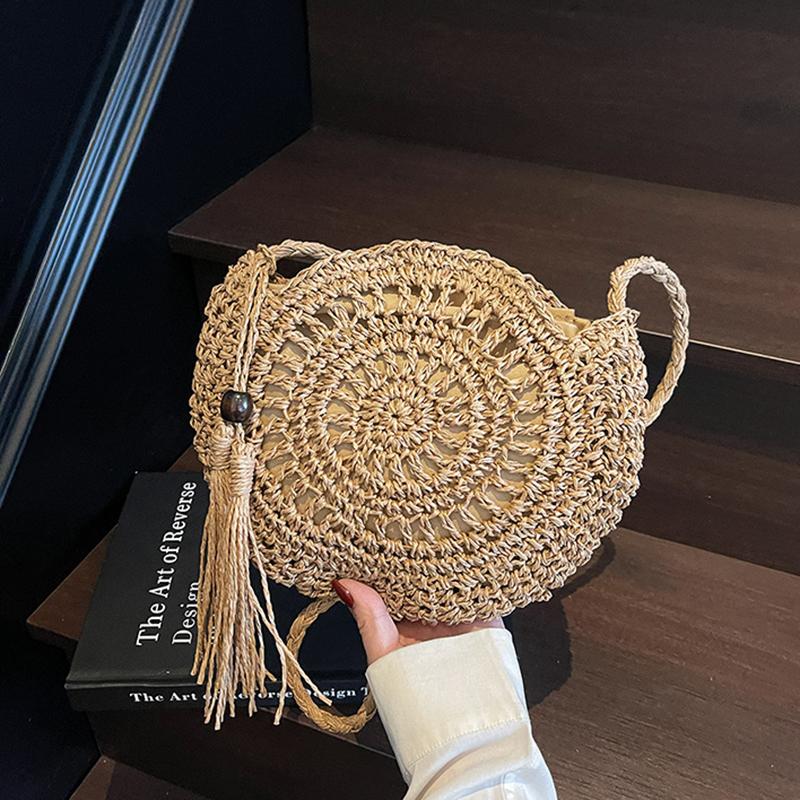 Women Hollow Straw Bag Circle Rattan Bag Round Soft Paper Rope Shoulder MessengerBag Tassel Summer Beach Handmade Crossbody Bags