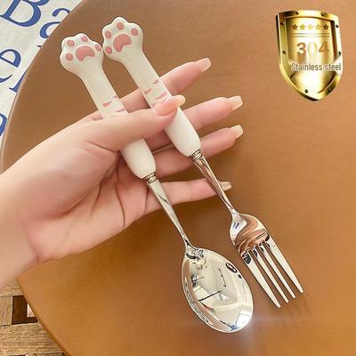 Bedårande Kattass Rostfritt Stål Bestickset: Sked, Gaffel och Ätpinnar - Söt Tecknad Design, Portabelt Tredelat Set.