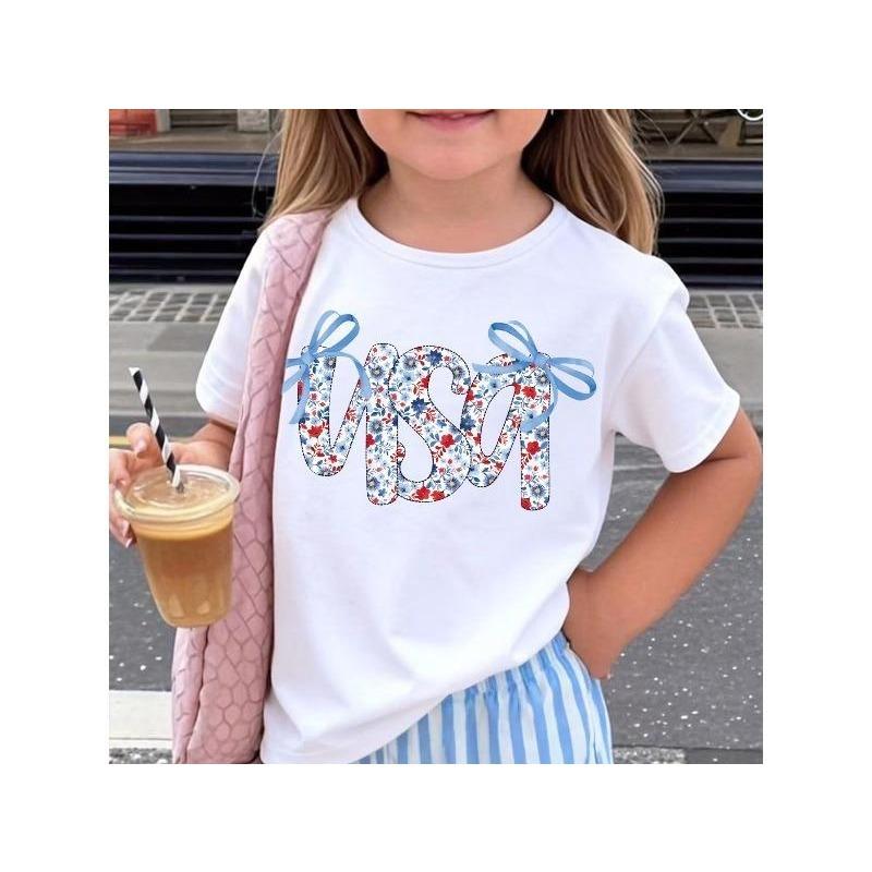

European sizes Colorful Graphic Tee for Girls - Fun Short Sleeve T-Shirt, Adorable Bow Accents | Perfect for Outdoor Activities and Everyday Wear 164cm білий