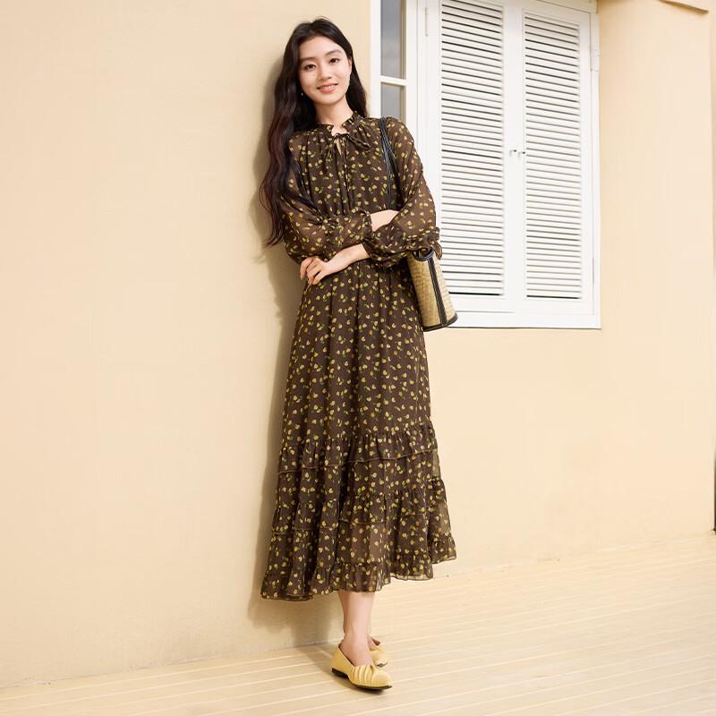 Xiangying Damen Polka Dot Blumen Rüschen Krawattenkragen Langarmkleid