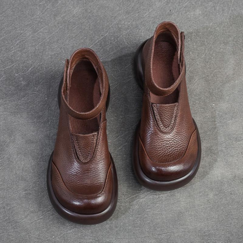 Johnature Genuine Leather Round Toe Thick Sole Pumps Casual Comfortable Hook & Loop Women's Shoes