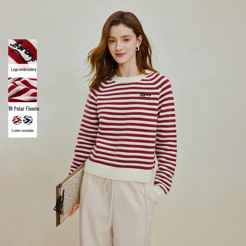 INMAN Women s Striped Embroidered Round Neck Sweater L