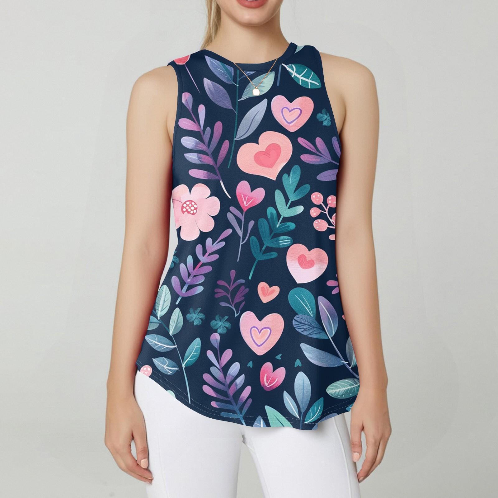 

Женская круглая горловина с ретро-цветочным принтом жилет универсальный свободный подол без рукавов футболка топ L синий