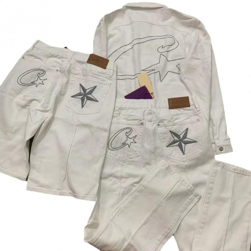 Corteiz White Denim Western Jacket Loose Short Jeans Set Men American Retro Style Casual Wear