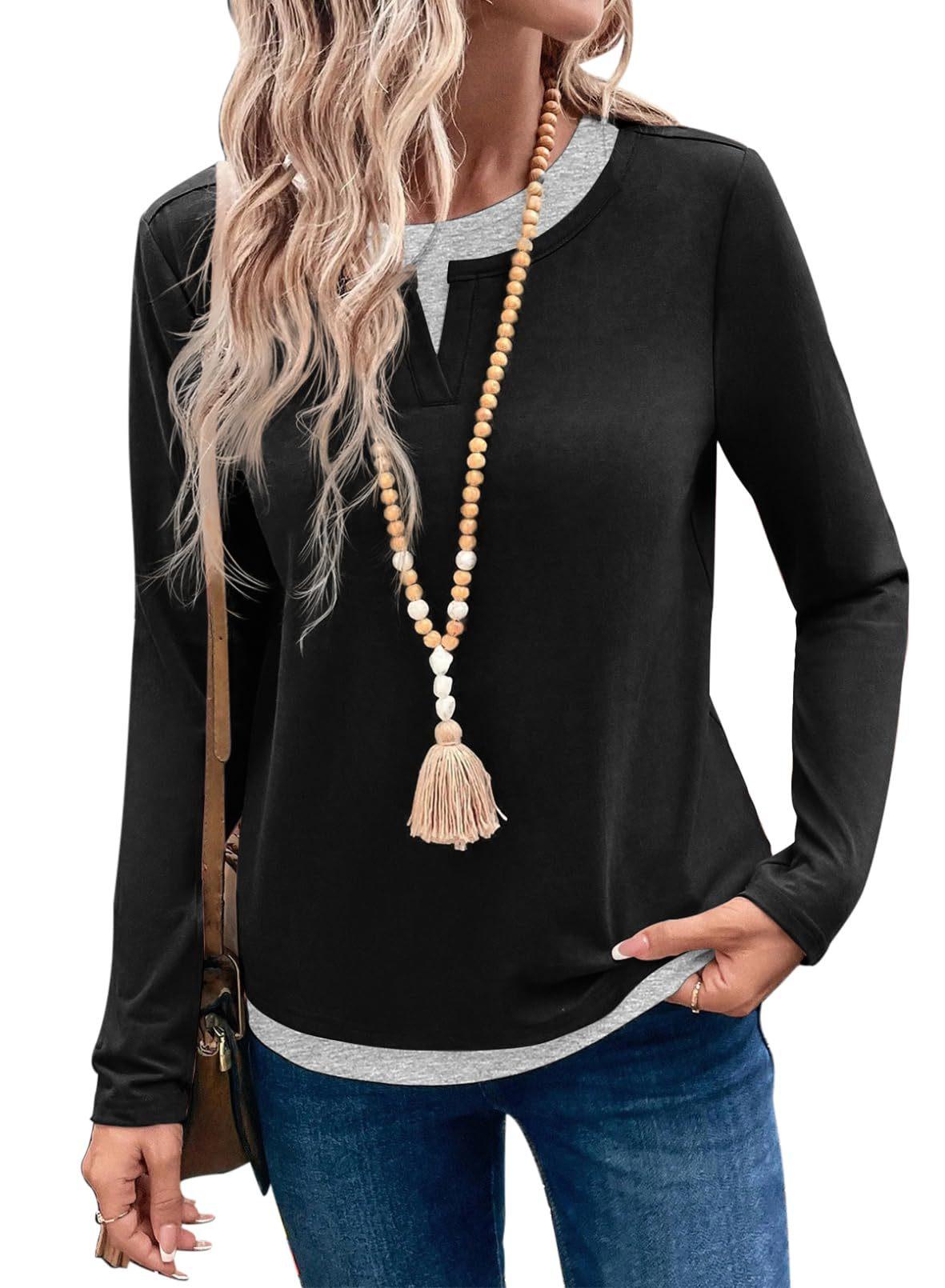 Women S Long Sleeve Casual Fake Two Piece T Shirt Round Neck Patchwork S чёрный
