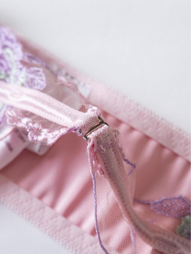 Pink Satin Embroidered Lingerie Set with Open Cup Bra, Garter, and Panty