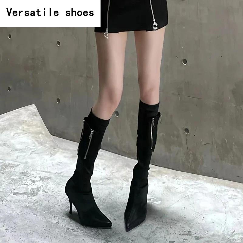 Stretch Slim Damen Kniehohe Stiefel Mode Spitzschuhe Herbst Winter Hoher Absatz Damen Ritter Lange Stiefeletten