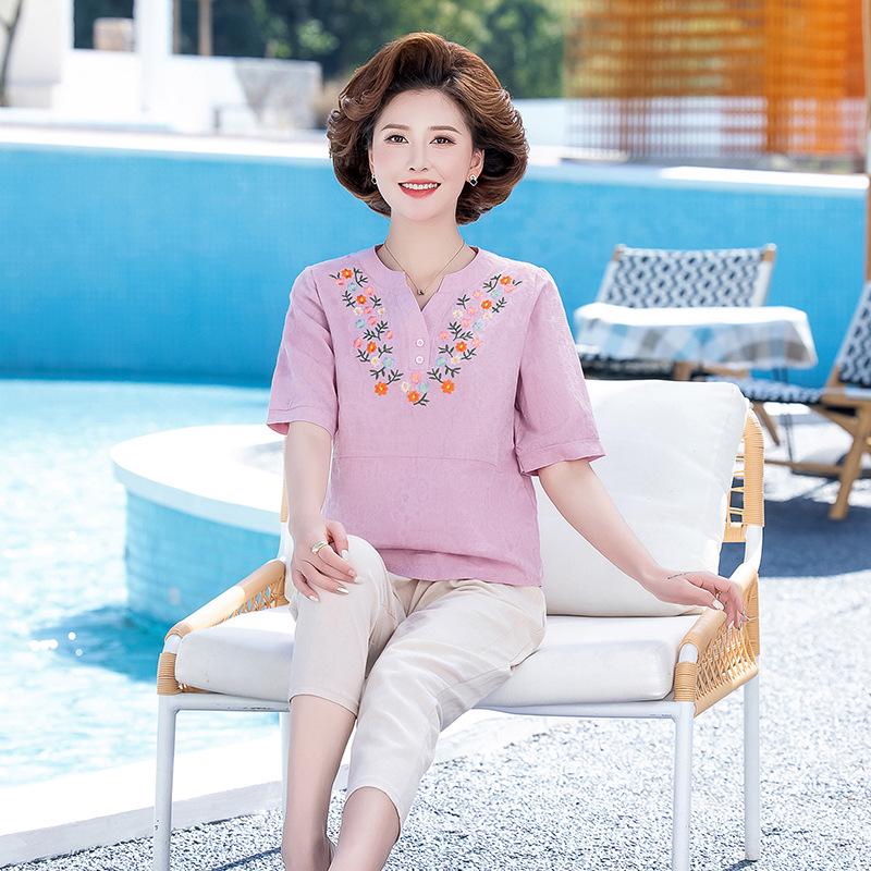 

2026 New Women s Cotton Linen Short Sleeve T-shirt - Plus Size Summer Top for Middle-aged Moms XL (recommended for 50-55 kg) розовый