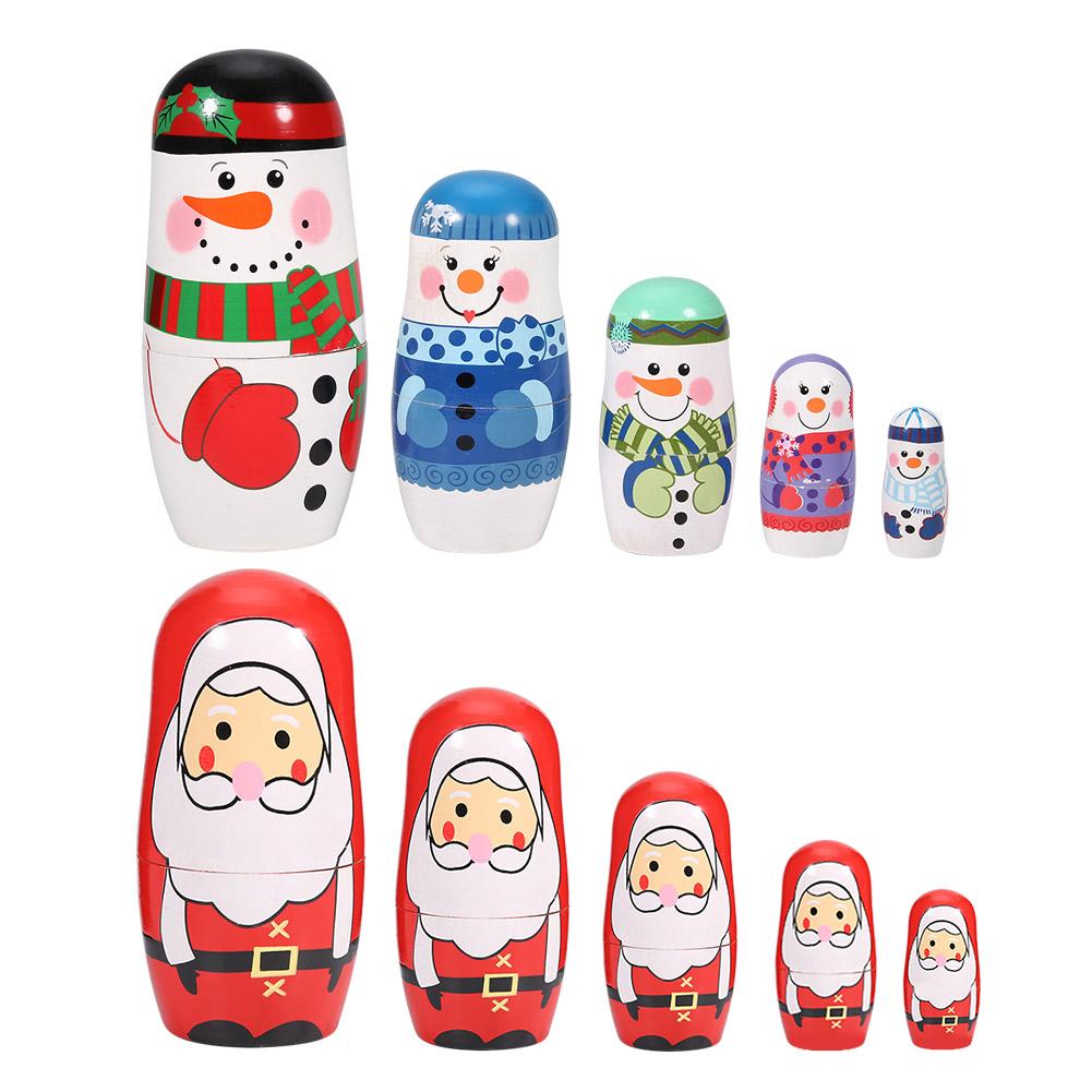 5pcs Christmas Decorations 2025 Handpainted Cute Wooden Matryoshka Dolls Russian Nesting Dolls Set Home Ornaments