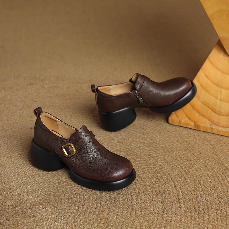 Krazing Pot cow skin Autumn Winter Shoes Metal Buckle Loafers chunky Heels Slip on Size 43 Round Toe Slip on Deep Mouth Pumps