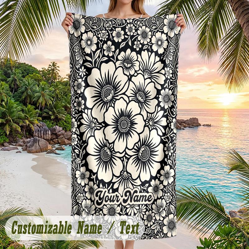 Floral Artwork 30 Theme Quick Dry Beach Towel Custom Name Text Print Large Sand Resistant Towel Beach Vacation