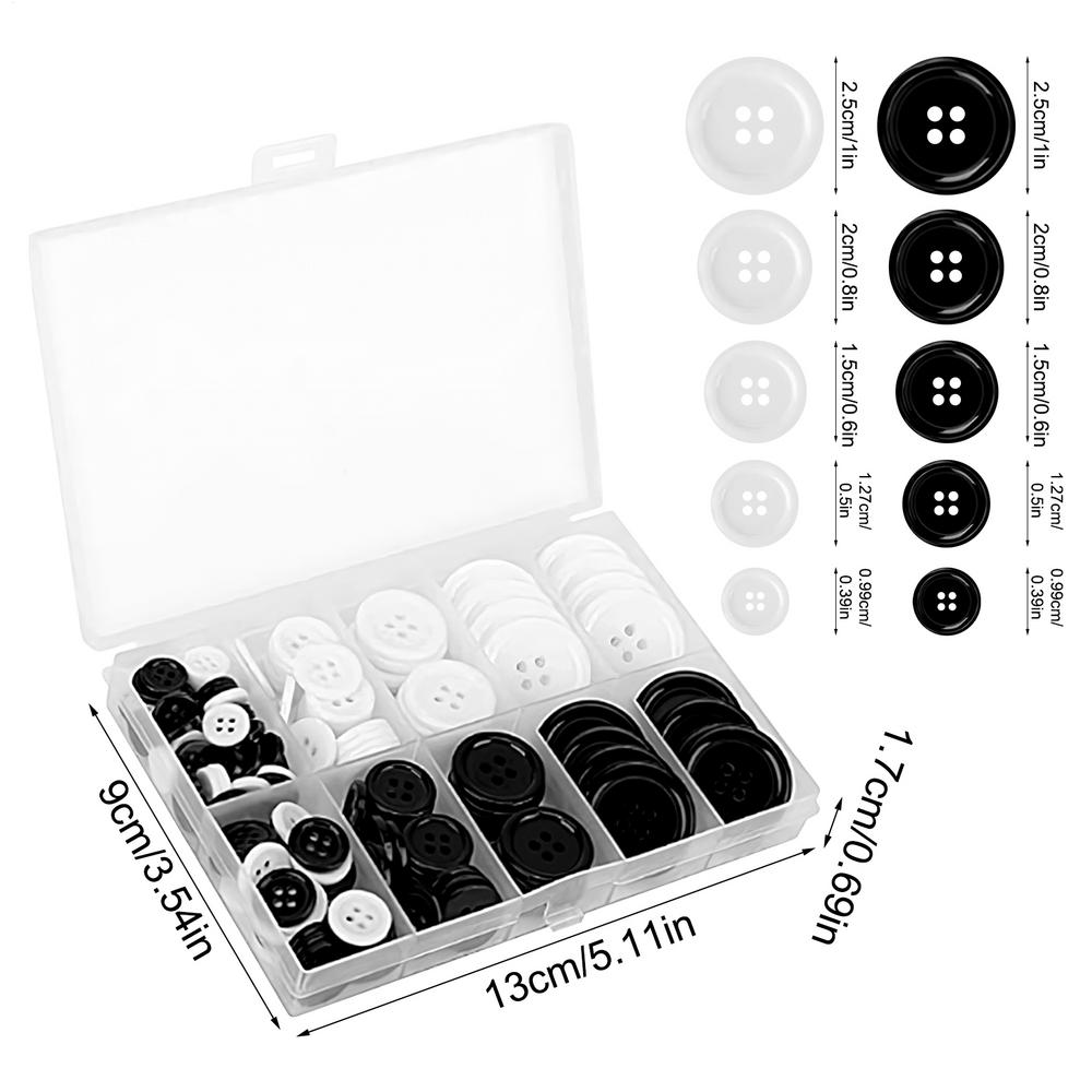 Round Resin Buttons 160X Assorted Buttons Mixed Sewing Buttons Black White 4-Hole Resin Buttons 5 Sizes With Compartment Box For