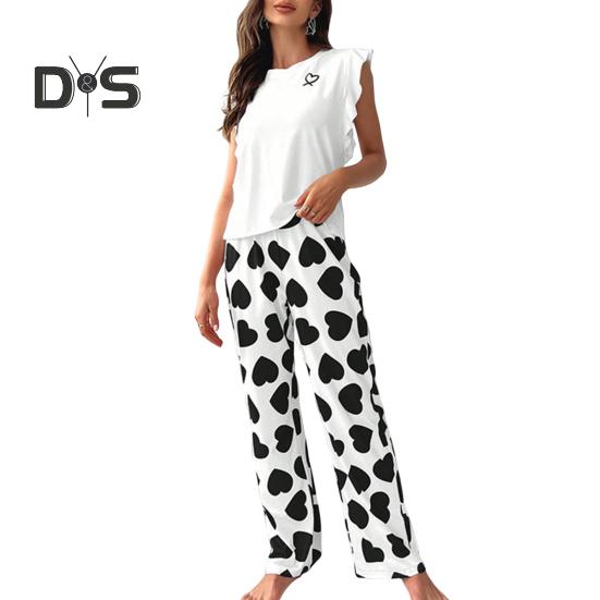 

Женский атласный пижамный комплект, топ с оборками и широкие брюки, повседневный комплект из 2 предметов домашней одежды для отдыха L чёрный