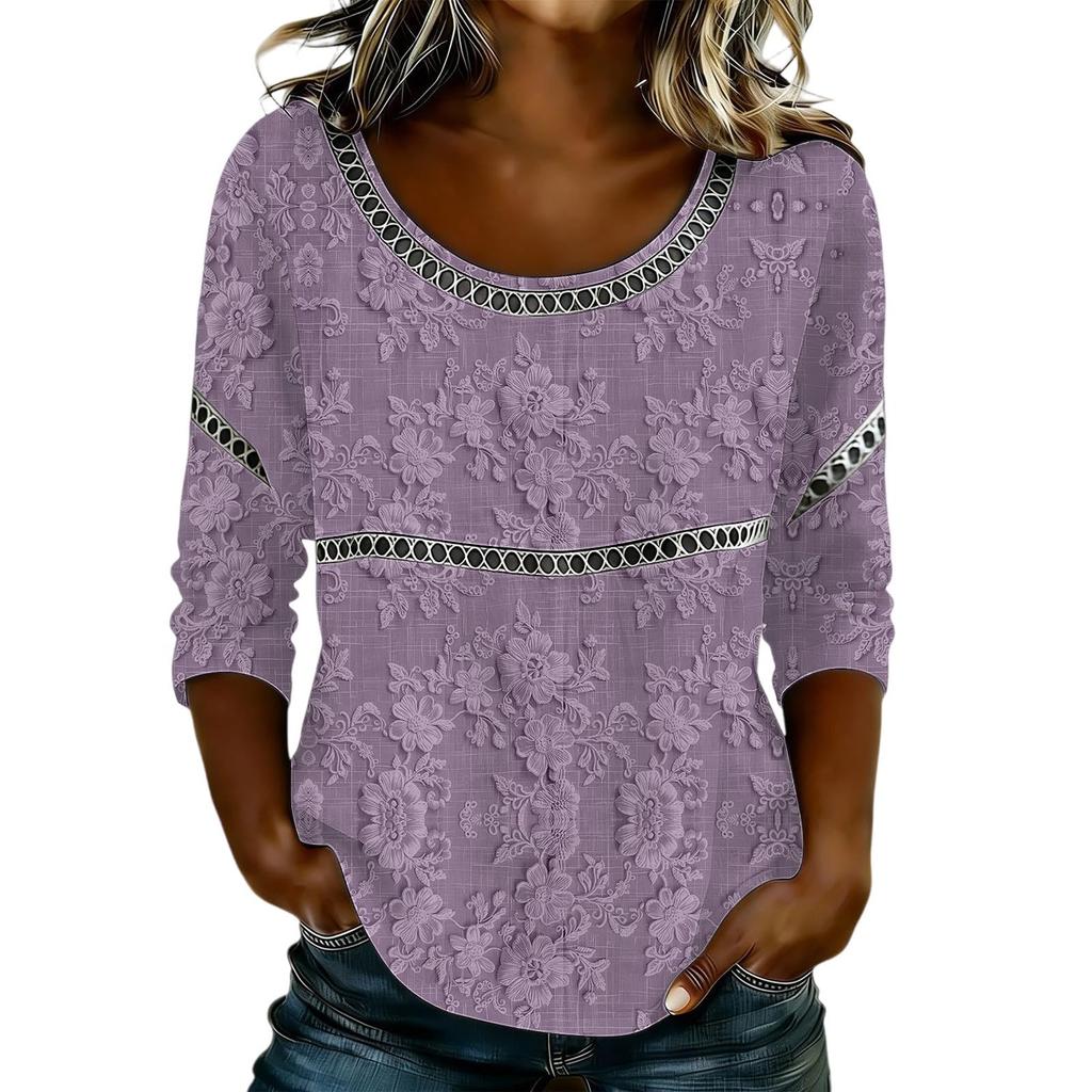 Women's Fashionable Casual Floral Print Seven Quarter Sleeved Round Neck T-Shirt Top
