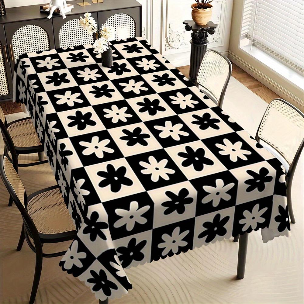 1 stuks Vintage Geometrisch Zwart-Wit Bloemig Rechthoekig Tafelkleed, Waaiervormige Rand Polyester Tafelhoes voor Huis Eetkamer Keuken Hotel 140x200cm