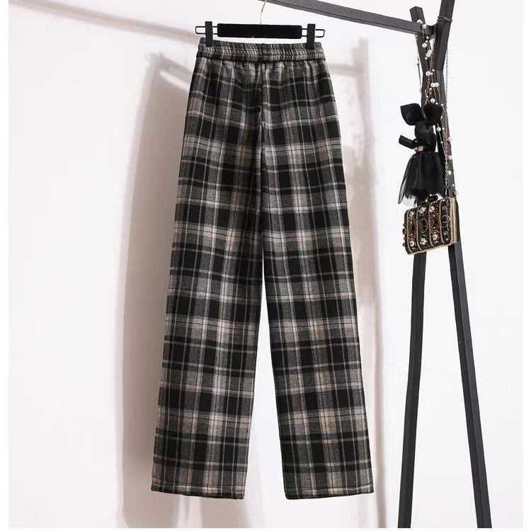 Plus Size High-Waisted Plaid Wide-Leg Pants: Fleece-Lined or Unlined, Autumn/Winter Edition