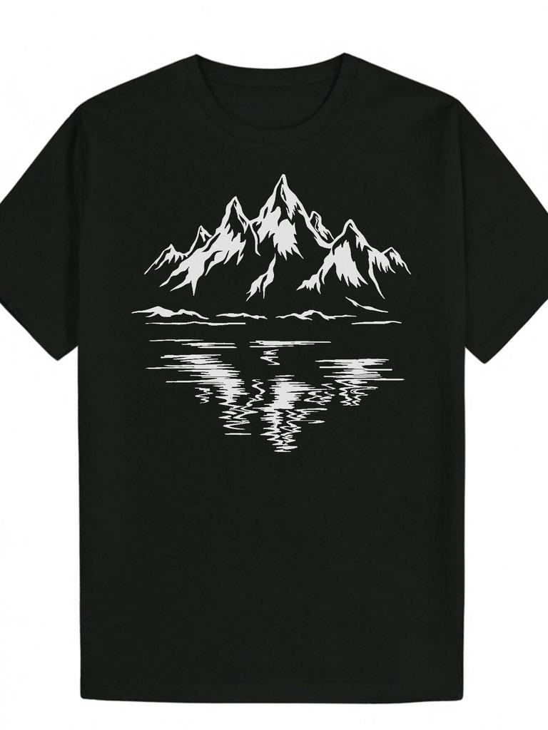 Black/White Mountain Landscape Graphic T-shirt - Lightweight Breathable Polyester Tee for Outdoor Adventures