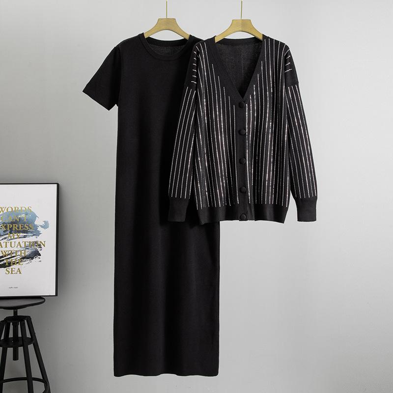 

Плюс размер Женский Весна и Осень Свободное Платье Гладильная Дрель Трикотажный Кардиган Топ Повседневный Модный Костюм Из Двух Частей One Size чёрный