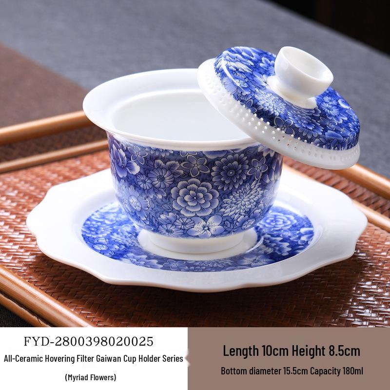 Large Dehua Mutton Fat Jade Ceramic Tea Bowl Set with Three Talents Lid